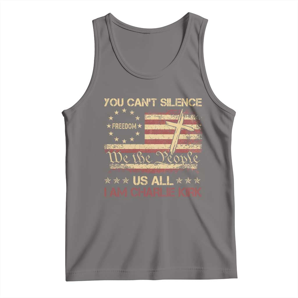 Charlie Kirk Tank Top You Cant Silence Us All Retro American Flag Cross - Print Your Wear
