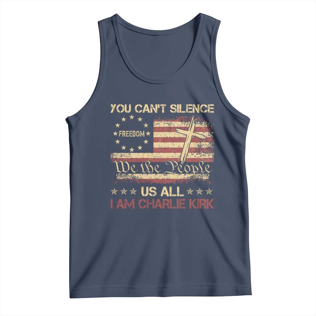 Charlie Kirk Tank Top You Cant Silence Us All Retro American Flag Cross - Print Your Wear