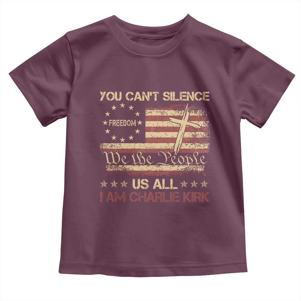 Charlie Kirk Toddler T Shirt You Cant Silence Us All Retro American Flag Cross TS10 Maroon Print Your Wear