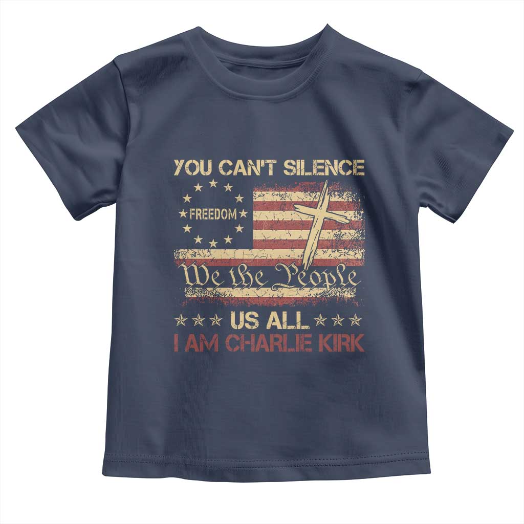 Charlie Kirk Toddler T Shirt You Cant Silence Us All Retro American Flag Cross TS10 Navy Print Your Wear