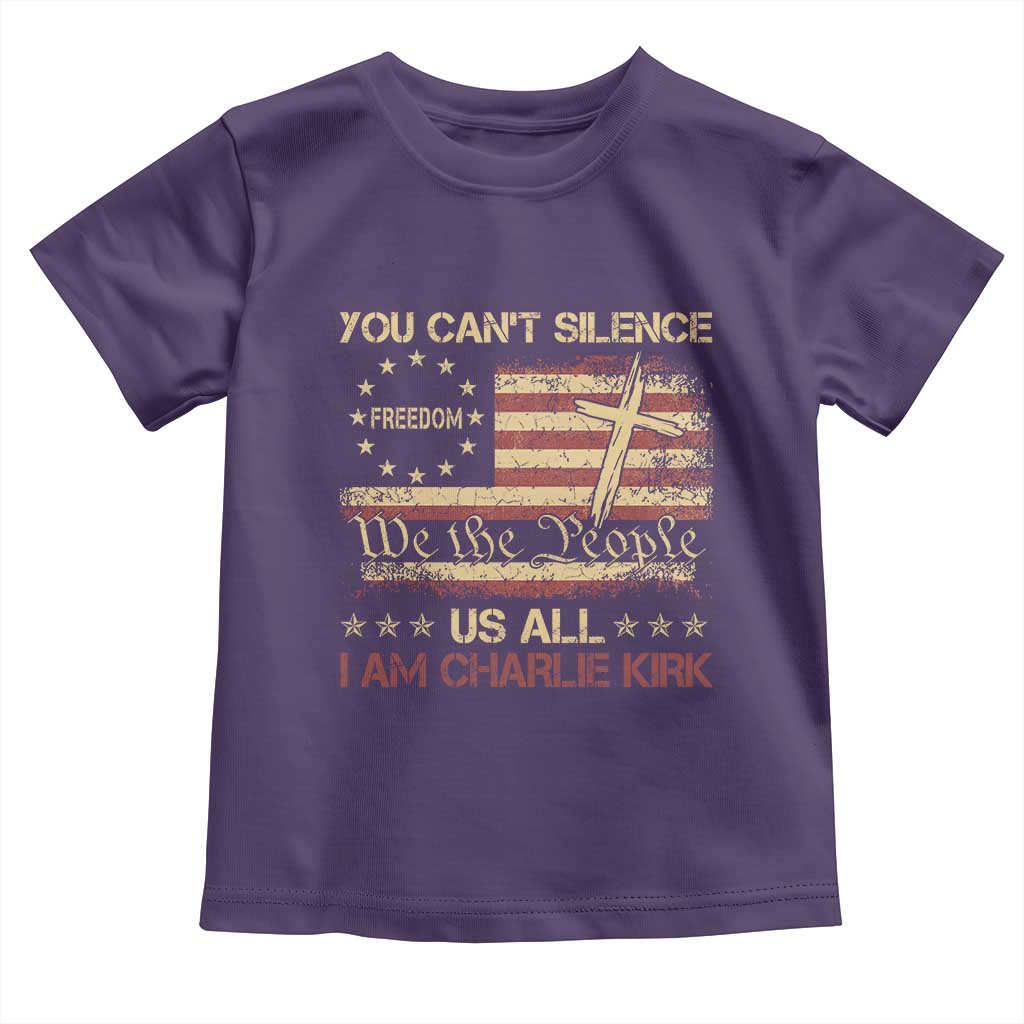 Charlie Kirk Toddler T Shirt You Cant Silence Us All Retro American Flag Cross TS10 Purple Print Your Wear