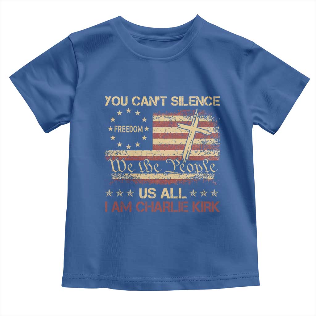 Charlie Kirk Toddler T Shirt You Cant Silence Us All Retro American Flag Cross TS10 Royal Blue Print Your Wear