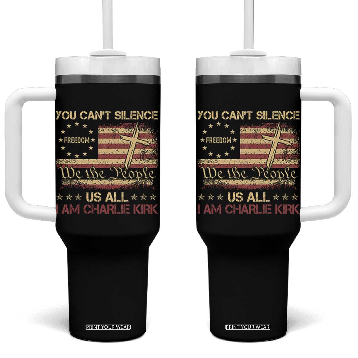Charlie Kirk Tumbler With Handle You Cant Silence Us All Retro American Flag Cross TS10 One Size: 40 oz Black Print Your Wear