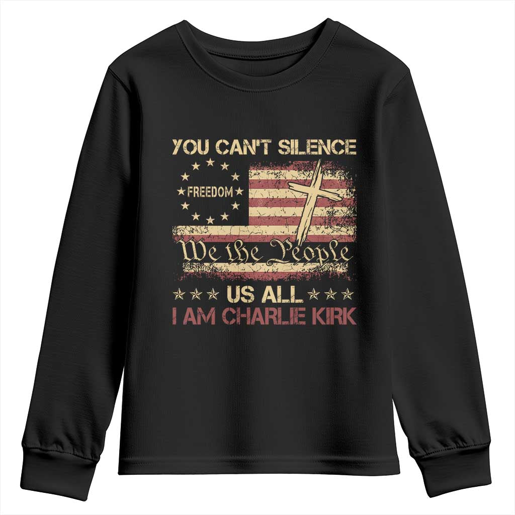 Charlie Kirk Youth Sweatshirt You Cant Silence Us All Retro American Flag Cross TS10 Black Print Your Wear