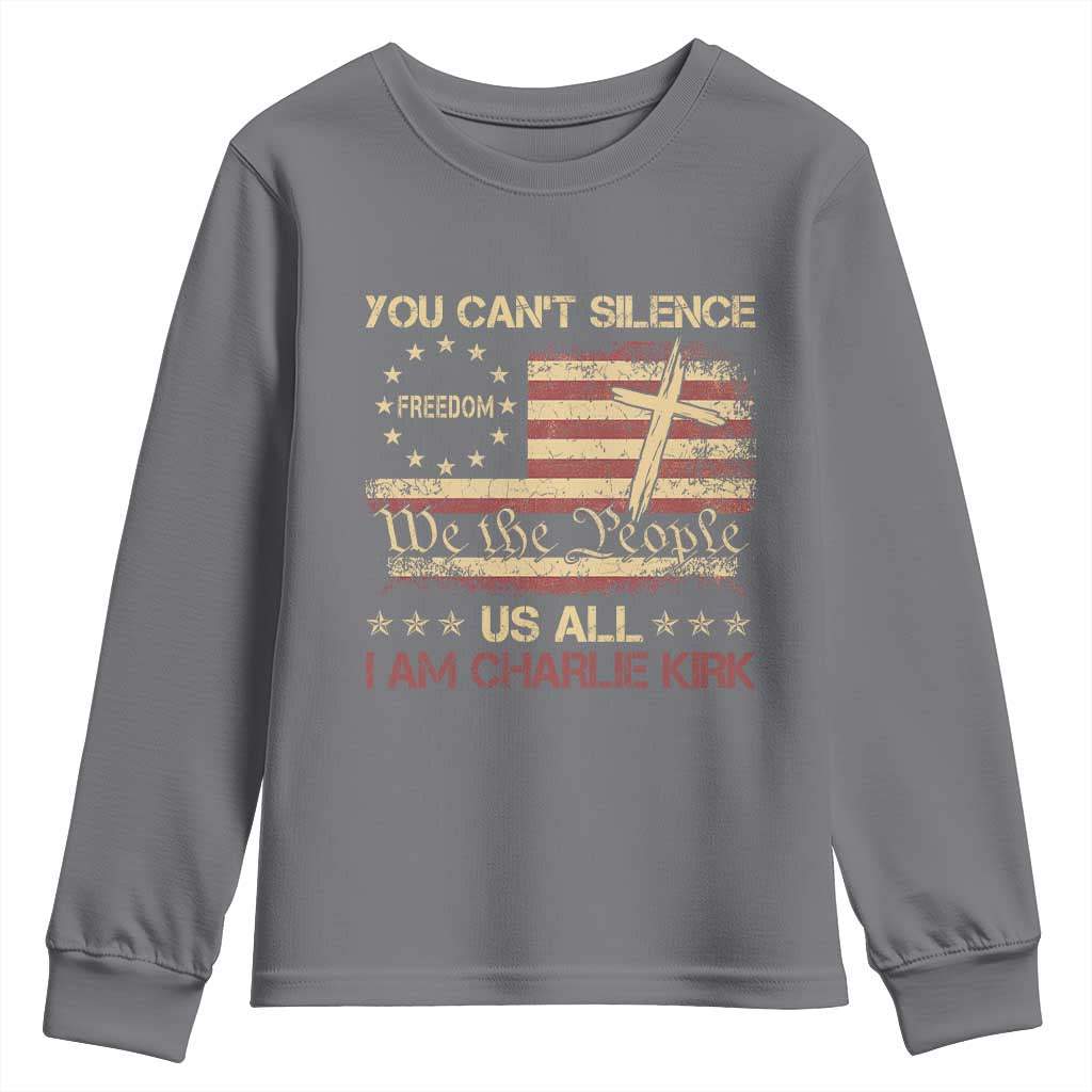 Charlie Kirk Youth Sweatshirt You Cant Silence Us All Retro American Flag Cross TS10 Charcoal Print Your Wear