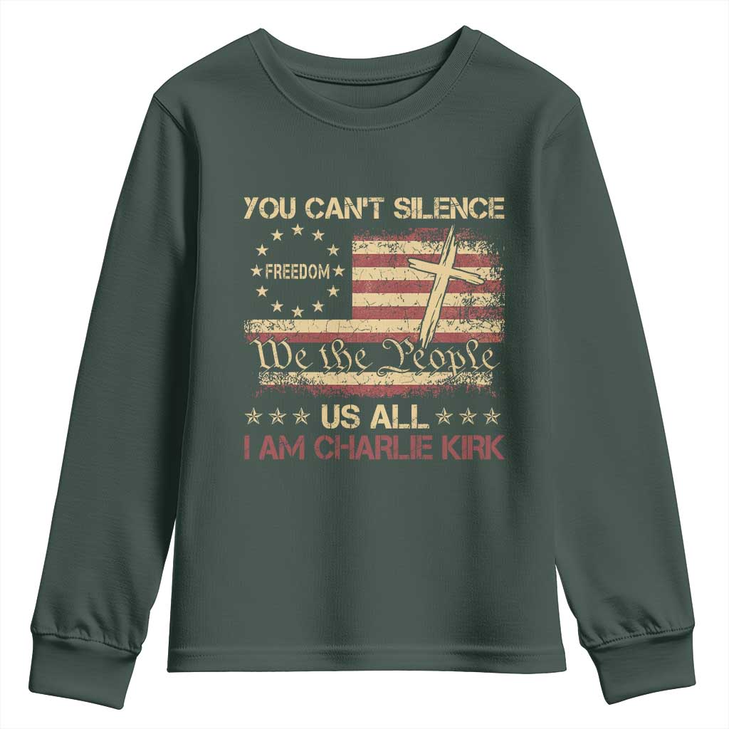 Charlie Kirk Youth Sweatshirt You Cant Silence Us All Retro American Flag Cross TS10 Dark Forest Green Print Your Wear