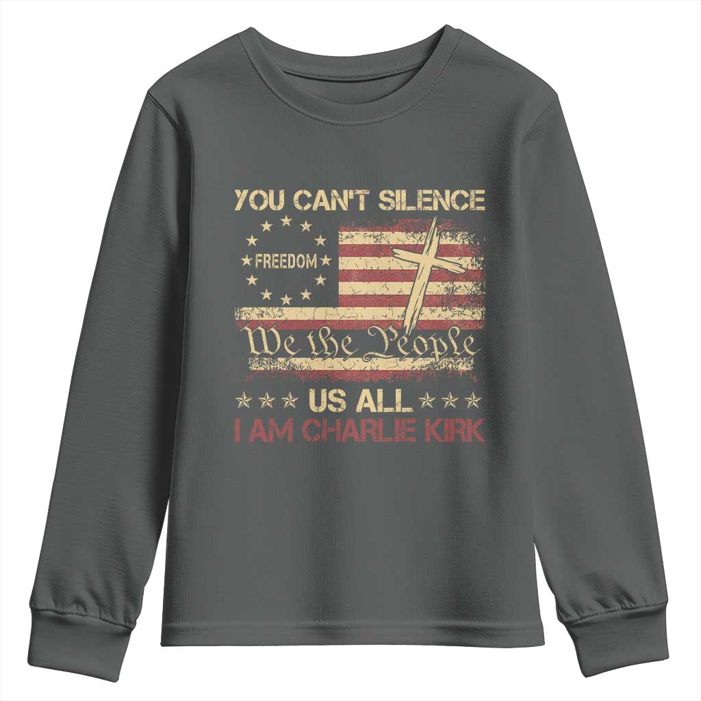 Charlie Kirk Youth Sweatshirt You Cant Silence Us All Retro American Flag Cross TS10 Dark Heather Print Your Wear