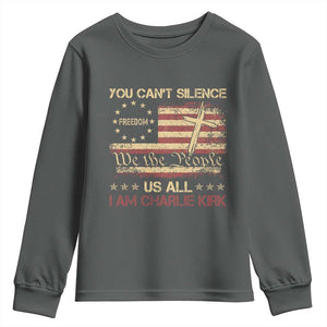 Charlie Kirk Youth Sweatshirt You Cant Silence Us All Retro American Flag Cross TS10 Dark Heather Print Your Wear