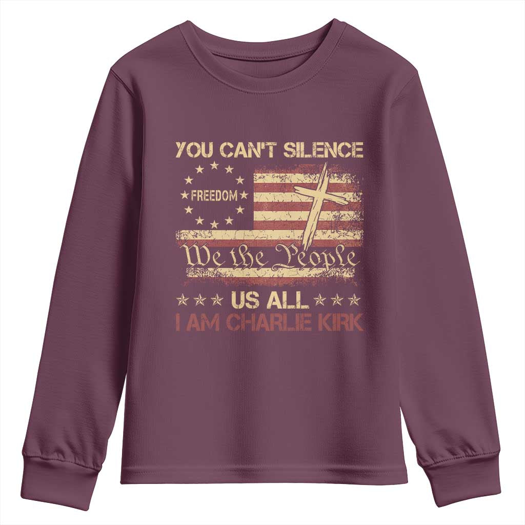 Charlie Kirk Youth Sweatshirt You Cant Silence Us All Retro American Flag Cross TS10 Maroon Print Your Wear