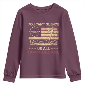 Charlie Kirk Youth Sweatshirt You Cant Silence Us All Retro American Flag Cross TS10 Maroon Print Your Wear