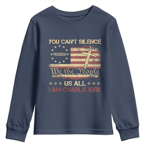 Charlie Kirk Youth Sweatshirt You Cant Silence Us All Retro American Flag Cross TS10 Navy Print Your Wear