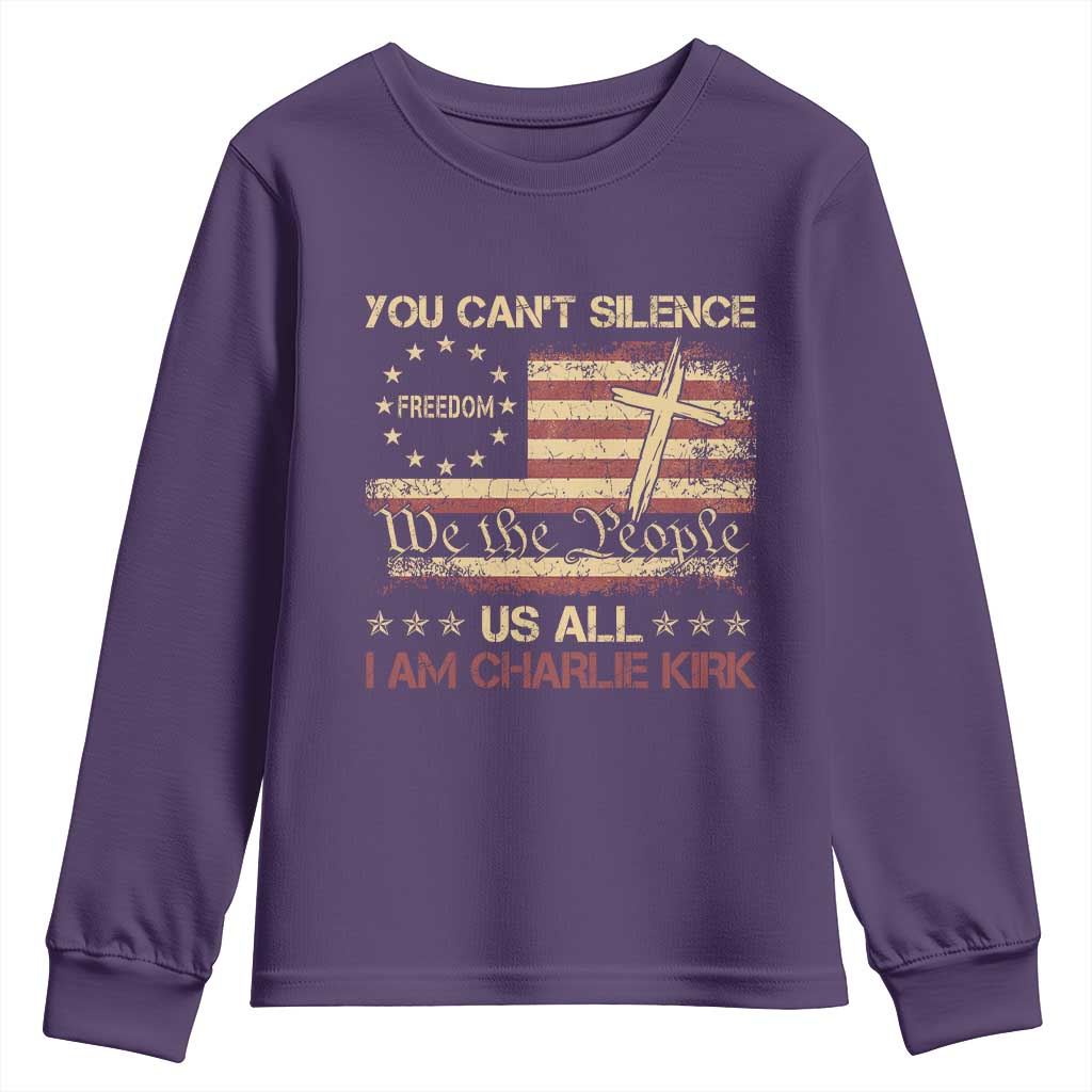 Charlie Kirk Youth Sweatshirt You Cant Silence Us All Retro American Flag Cross TS10 Purple Print Your Wear