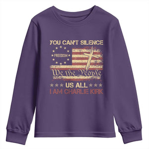 Charlie Kirk Youth Sweatshirt You Cant Silence Us All Retro American Flag Cross TS10 Purple Print Your Wear