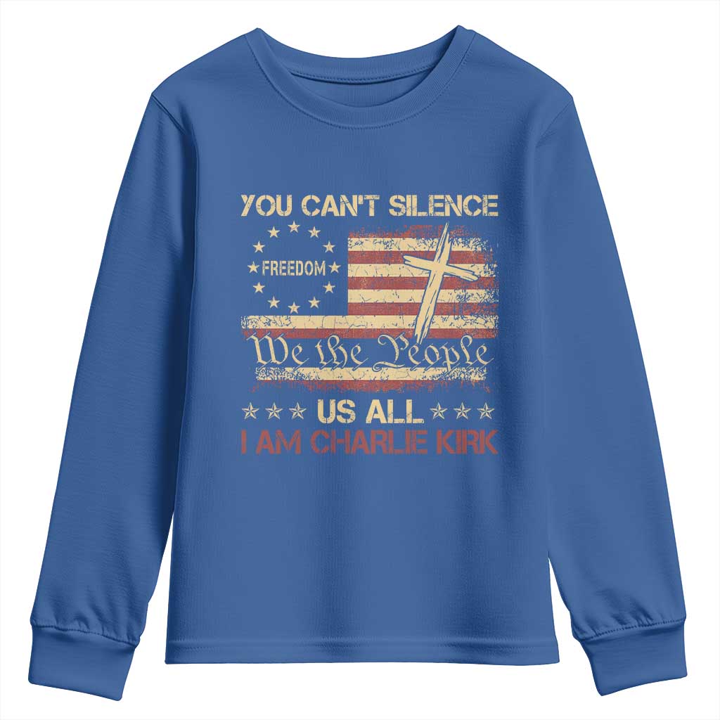 Charlie Kirk Youth Sweatshirt You Cant Silence Us All Retro American Flag Cross TS10 Royal Blue Print Your Wear