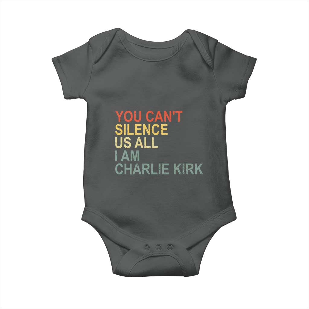 Charlie Kirk Baby Onesie Retro You Cant Silence Us All TS10 Dark Heather Print Your Wear
