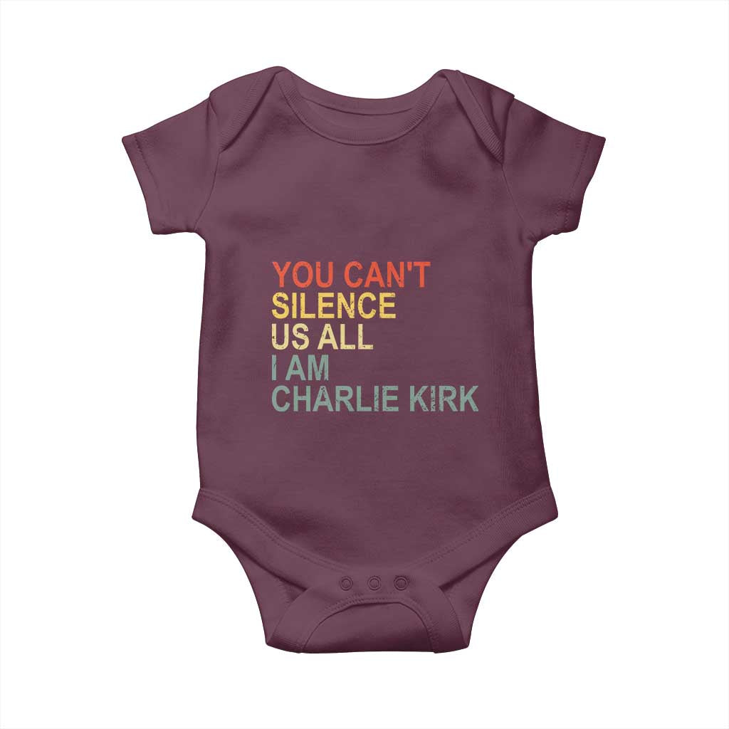 Charlie Kirk Baby Onesie Retro You Cant Silence Us All TS10 Maroon Print Your Wear