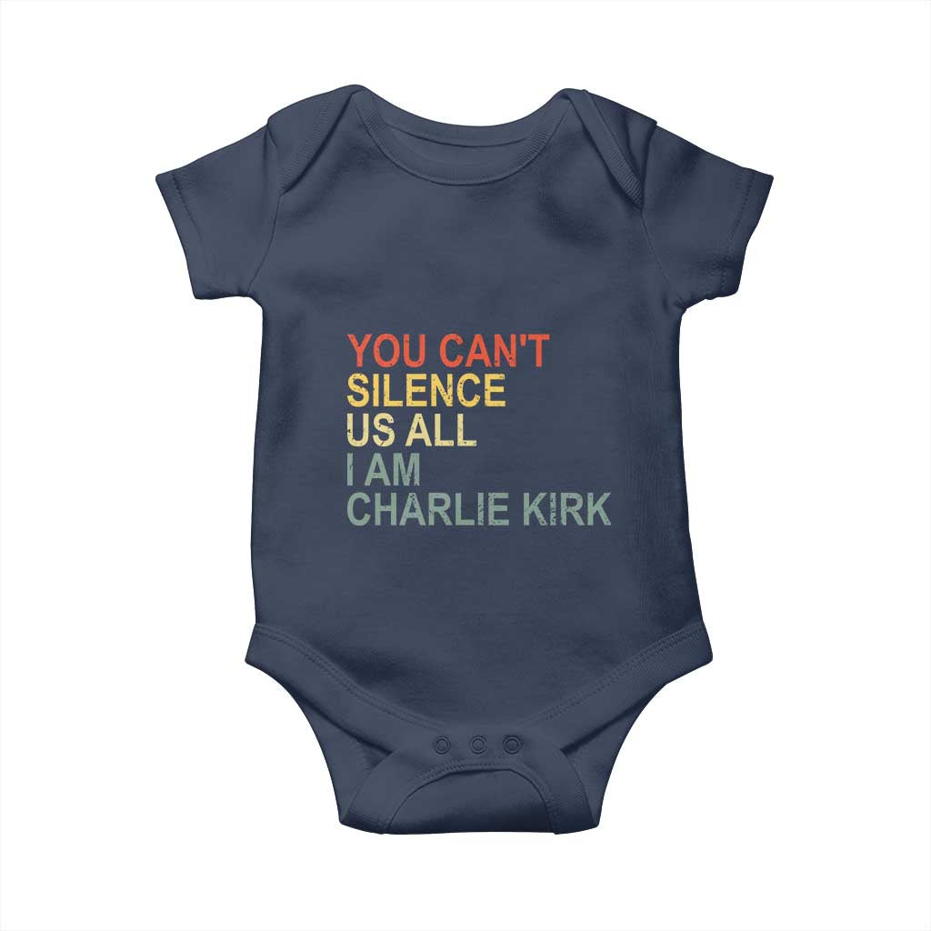 Charlie Kirk Baby Onesie Retro You Cant Silence Us All TS10 Navy Print Your Wear