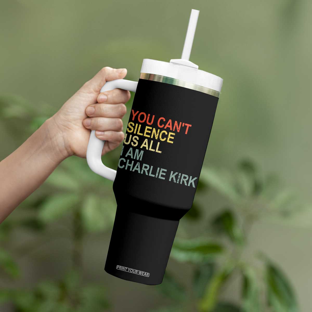 Charlie Kirk Tumbler With Handle Retro You Cant Silence Us All TS10 Print Your Wear
