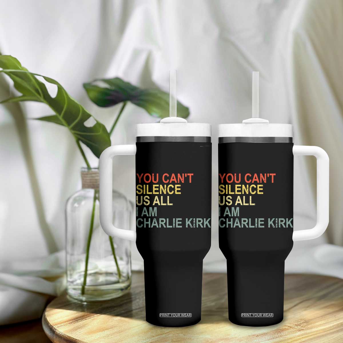 Charlie Kirk Tumbler With Handle Retro You Cant Silence Us All TS10 Print Your Wear