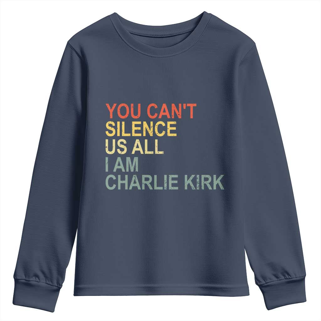 Charlie Kirk Youth Sweatshirt Retro You Cant Silence Us All TS10 Navy Print Your Wear