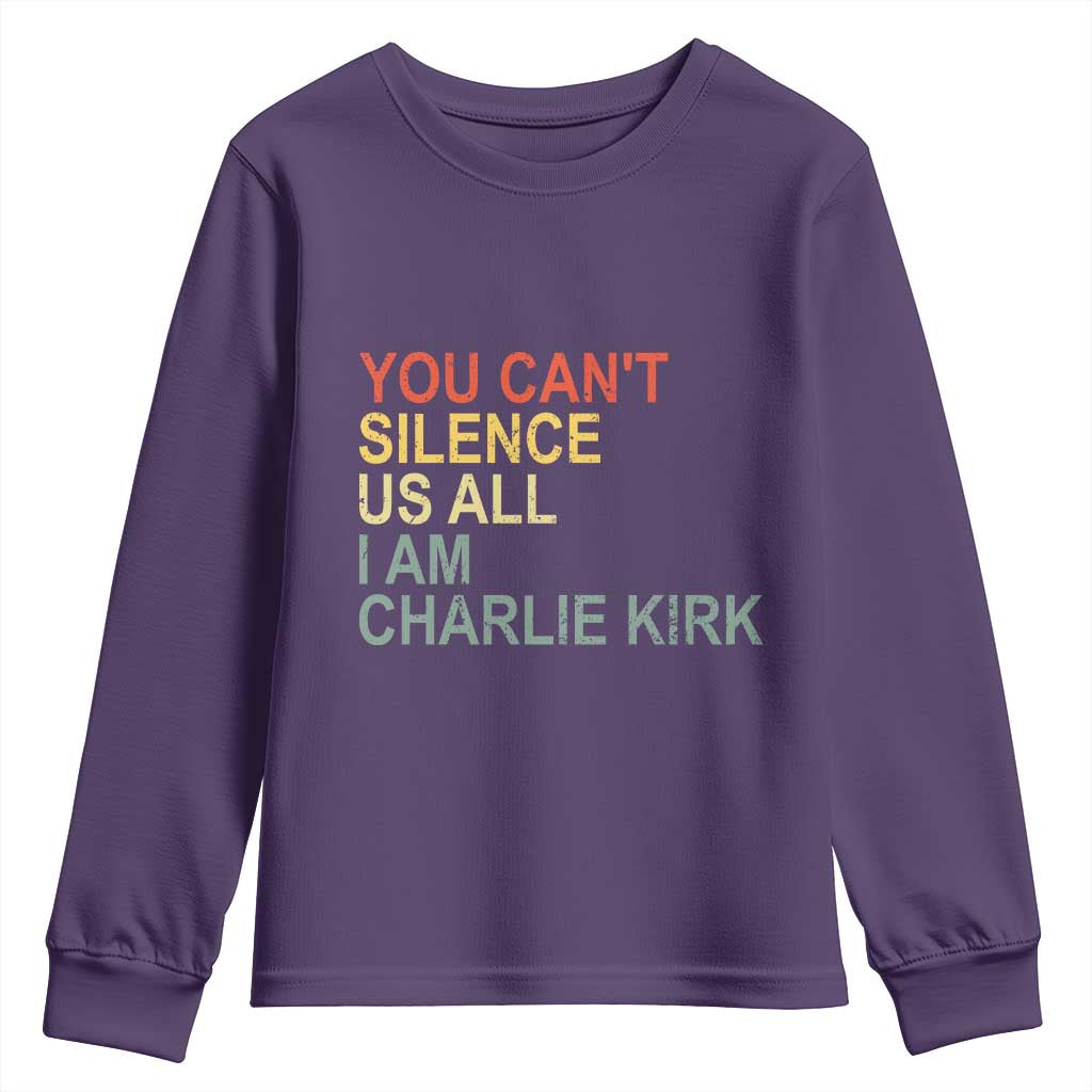 Charlie Kirk Youth Sweatshirt Retro You Cant Silence Us All TS10 Purple Print Your Wear