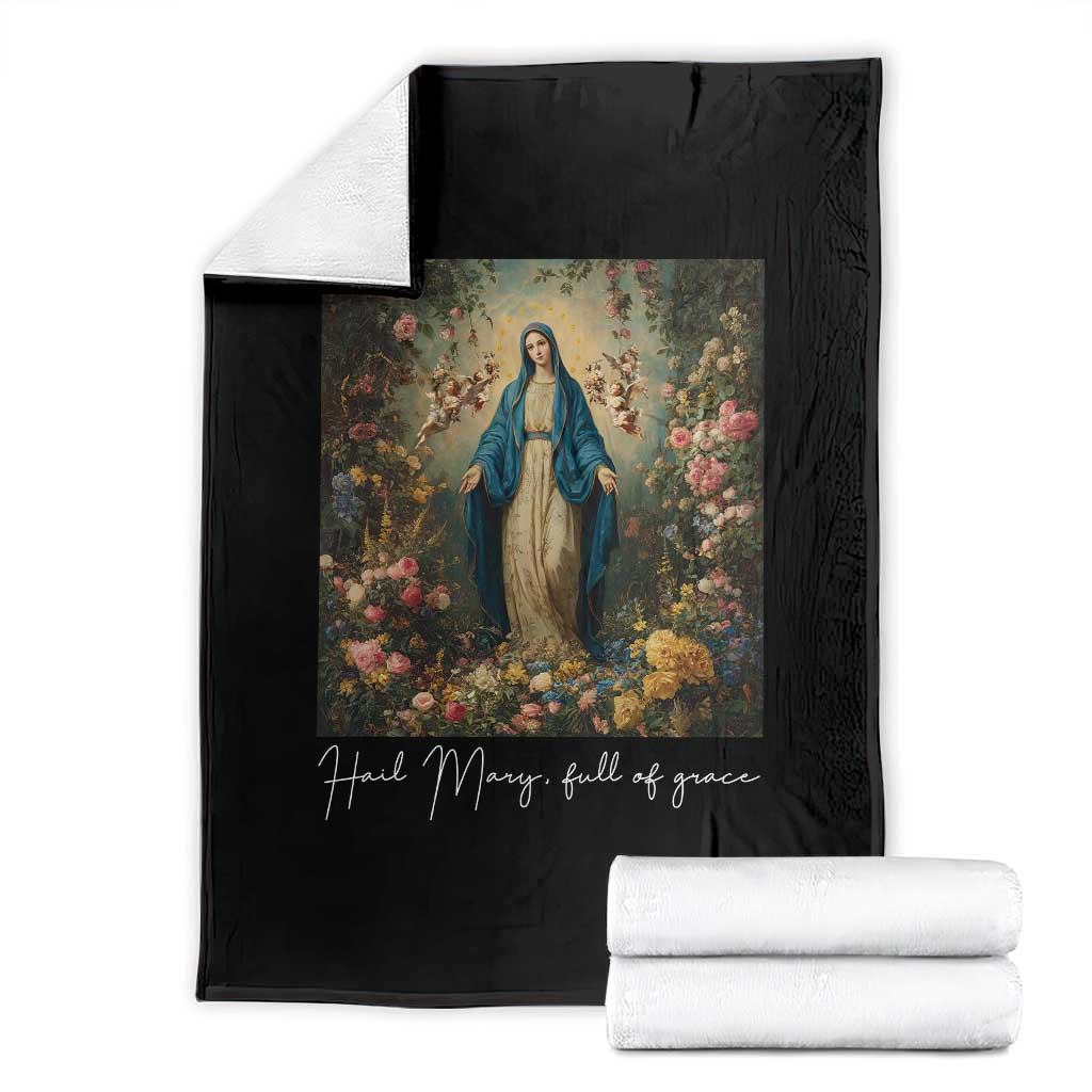 Marian Catholic Throw Blanket Hail Mary Full Of Grace Blessed Virgin Mary Floral TS10 Black Print Your Wear