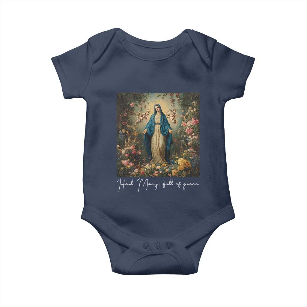 Marian Catholic Baby Onesie Hail Mary Full Of Grace Blessed Virgin Mary Floral TS10 Navy Print Your Wear