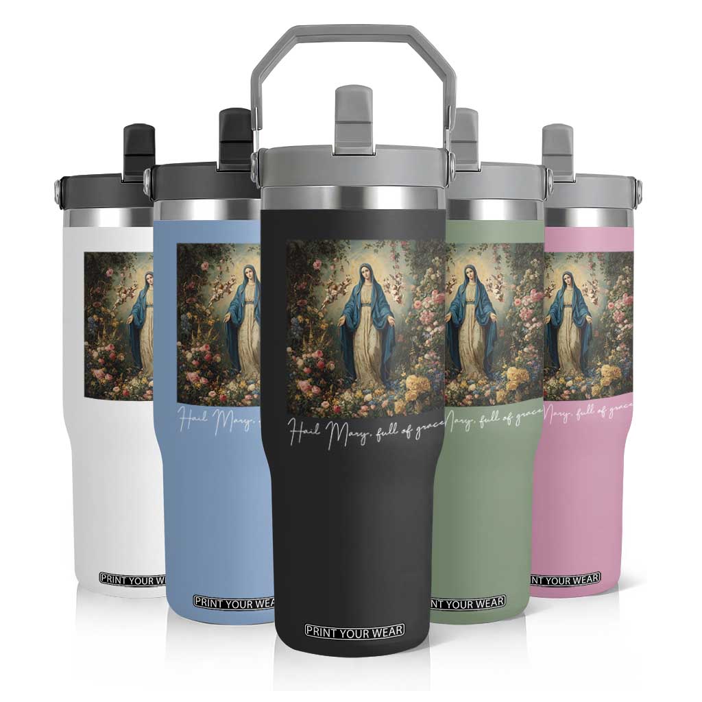 Marian Catholic Flip Straw Tumbler Hail Mary Full Of Grace Blessed Virgin Mary Floral TS10 Print Your Wear
