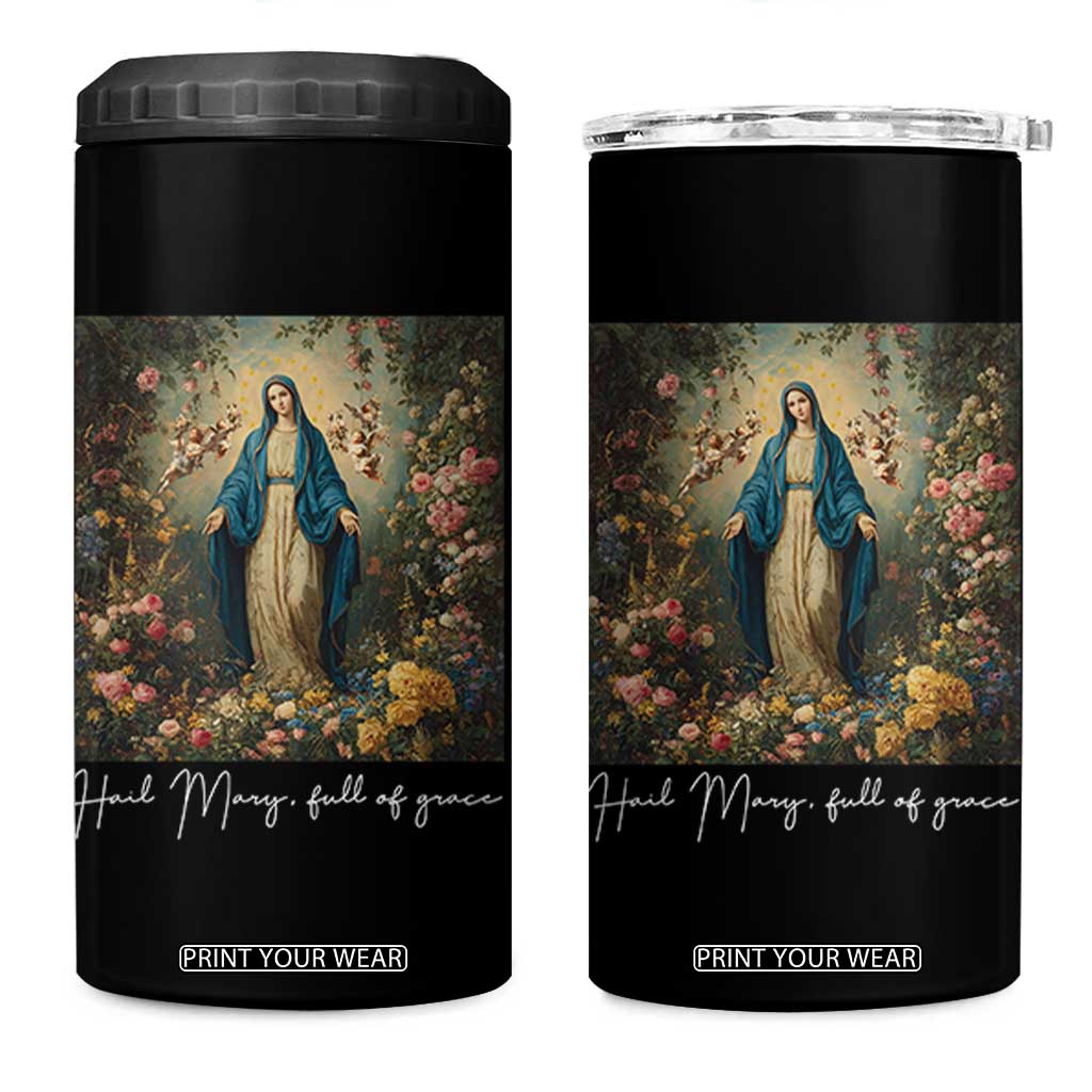 Marian Catholic 4 in 1 Can Cooler Tumbler Hail Mary Full Of Grace Blessed Virgin Mary Floral TS10 One Size: 16 oz Black Print Your Wear
