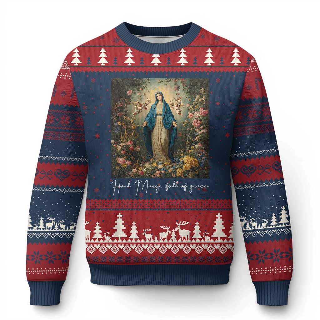 Marian Catholic Ugly Christmas Sweater Hail Mary Full Of Grace Blessed Virgin Mary Floral TS10 Navy Red Print Your Wear