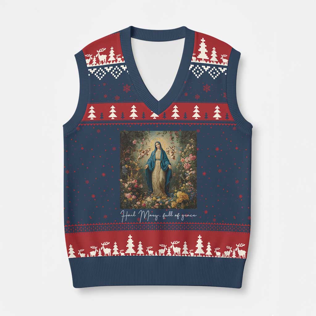 Marian Catholic V-Neck Knit Sweater Vest Hail Mary Full Of Grace Blessed Virgin Mary Floral TS10 Navy Red Print Your Wear