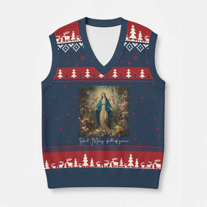 Marian Catholic V-Neck Knit Sweater Vest Hail Mary Full Of Grace Blessed Virgin Mary Floral TS10 Navy Red Print Your Wear