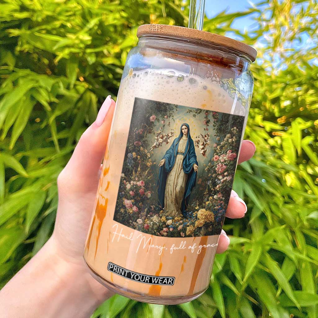 Marian Catholic Glass Can Hail Mary Full Of Grace Blessed Virgin Mary Floral TS10 Black Print Your Wear