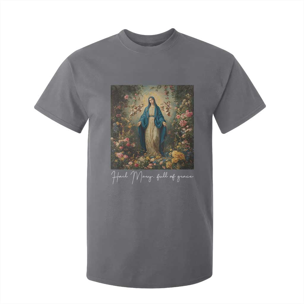 Marian Catholic T Shirt For Kid Hail Mary Full Of Grace Blessed Virgin Mary Floral TS10 Charcoal Print Your Wear