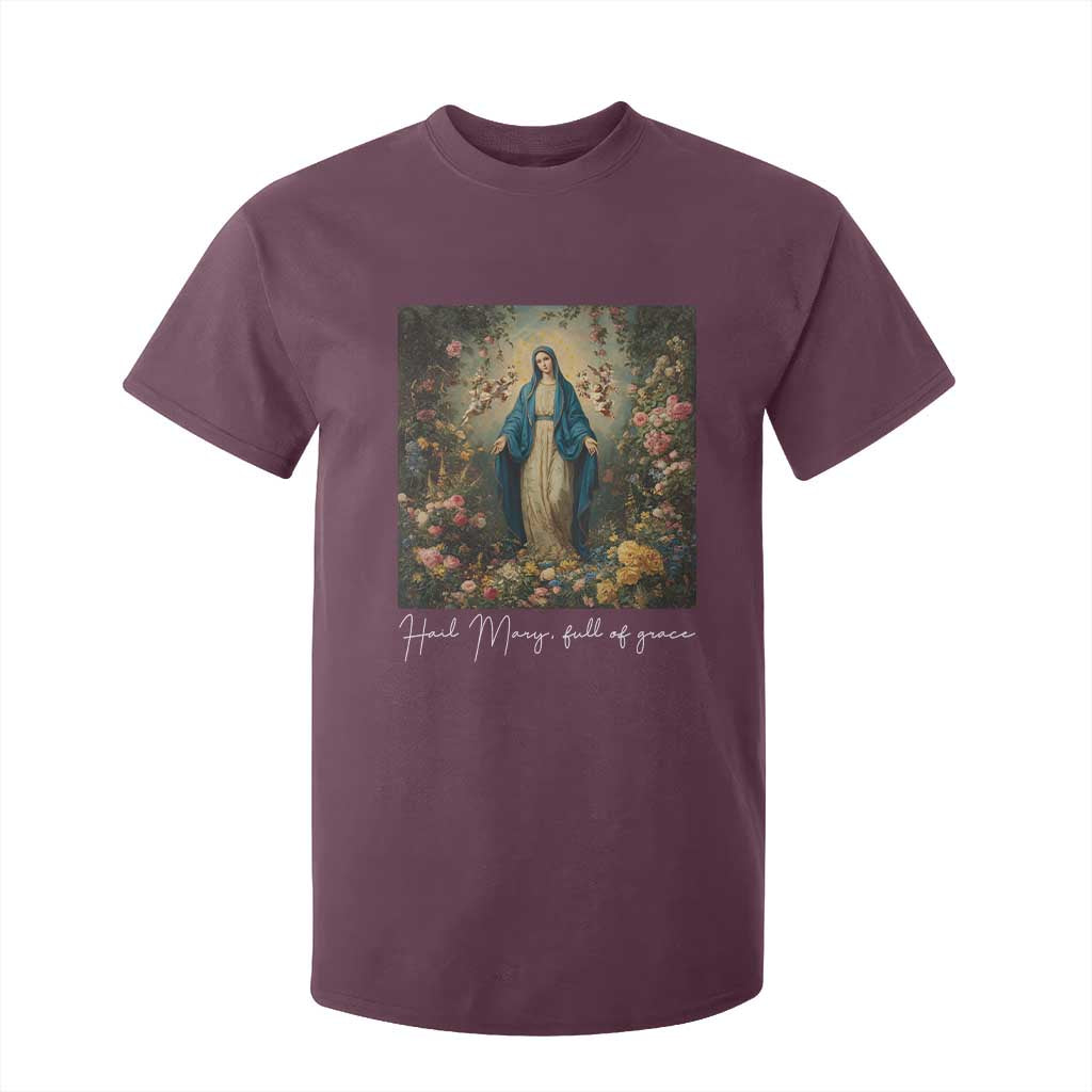 Marian Catholic T Shirt For Kid Hail Mary Full Of Grace Blessed Virgin Mary Floral TS10 Maroon Print Your Wear