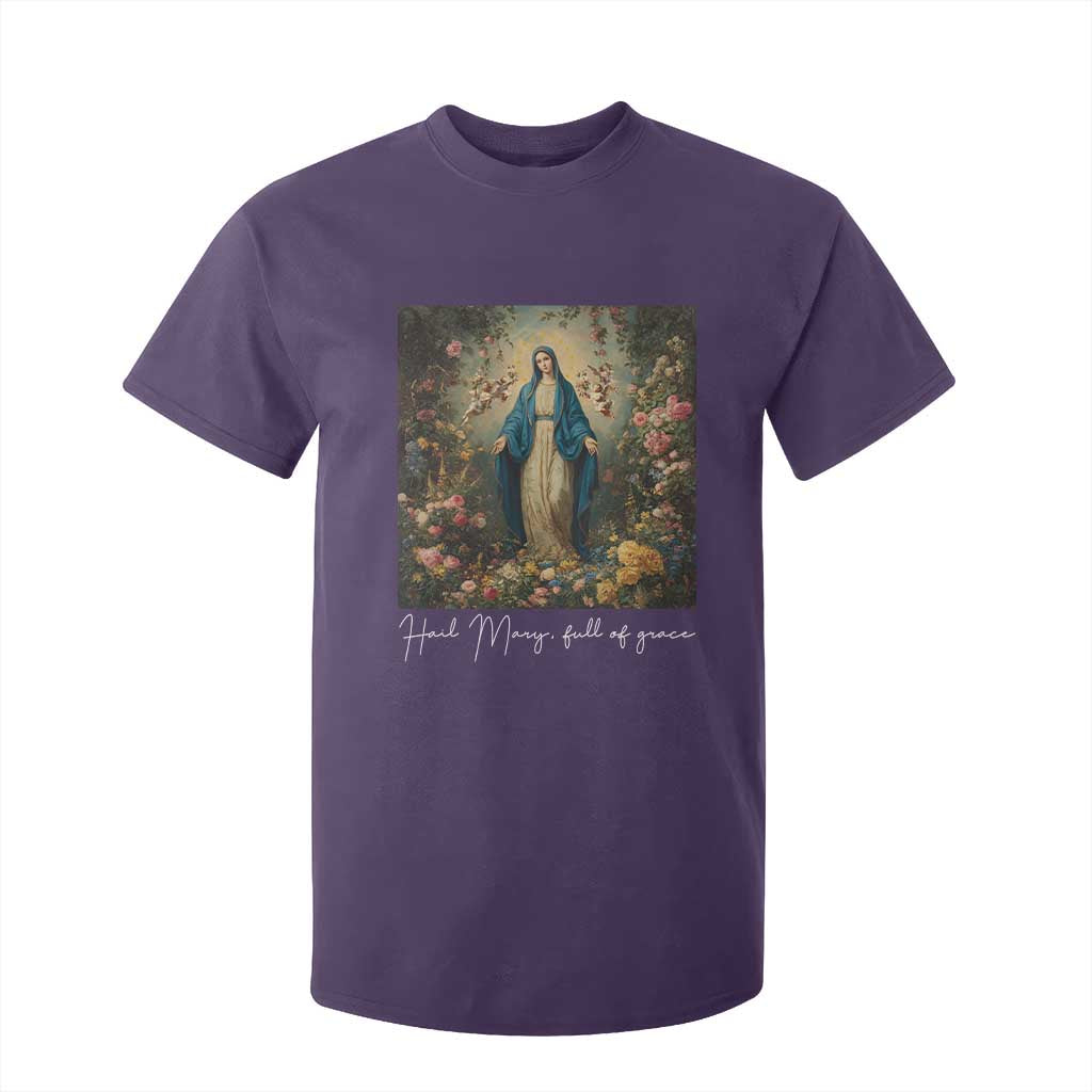 Marian Catholic T Shirt For Kid Hail Mary Full Of Grace Blessed Virgin Mary Floral TS10 Purple Print Your Wear