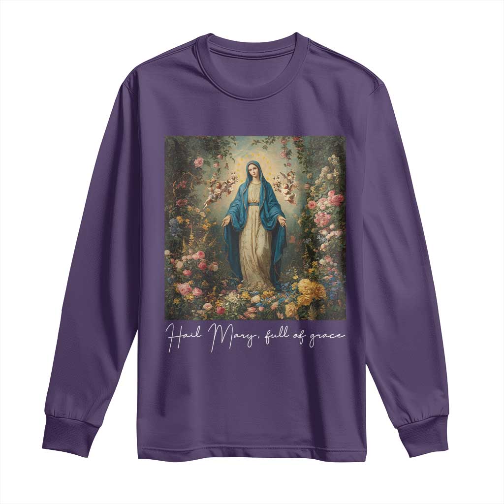 Marian Catholic Long Sleeve Shirt Hail Mary Full Of Grace Blessed Virgin Mary Floral TS10 Purple Print Your Wear