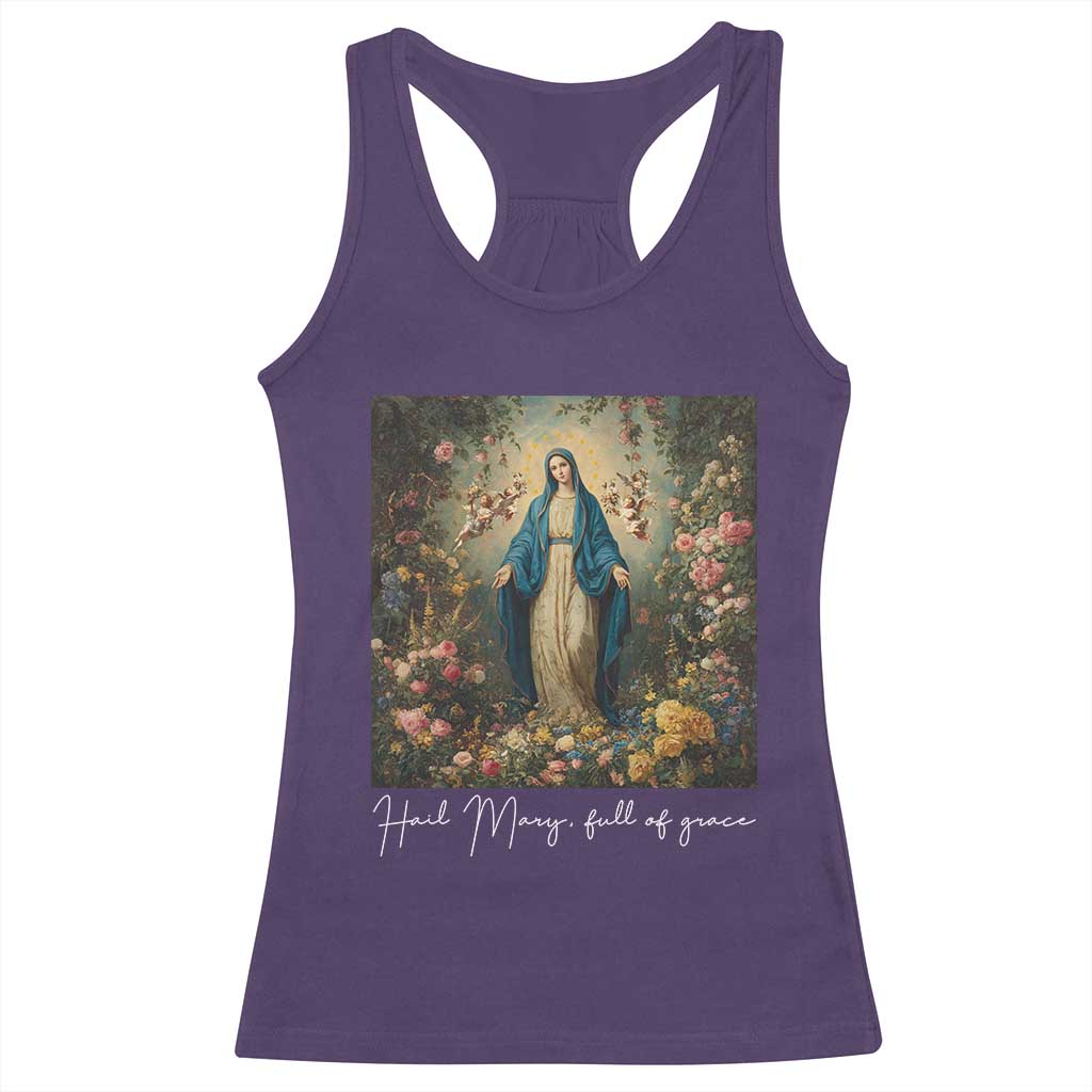 Marian Catholic Racerback Tank Top Hail Mary Full Of Grace Blessed Virgin Mary Floral TS10 Purple Print Your Wear