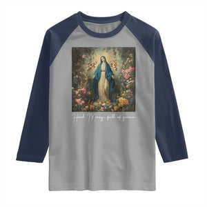 Marian Catholic Raglan Shirt Hail Mary Full Of Grace Blessed Virgin Mary Floral TS10 Sport Gray Navy Print Your Wear