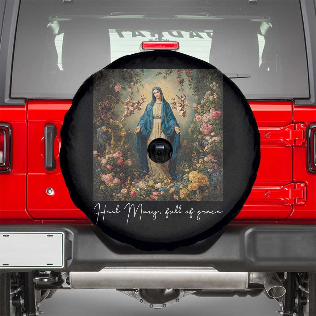 Marian Catholic Spare Tire Cover Hail Mary Full Of Grace Blessed Virgin Mary Floral TS10 Black Print Your Wear