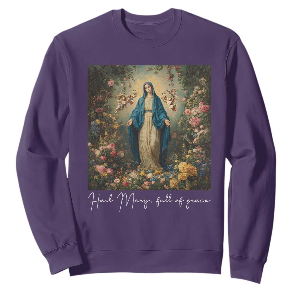 Marian Catholic Sweatshirt Hail Mary Full Of Grace Blessed Virgin Mary Floral TS10 Purple Print Your Wear