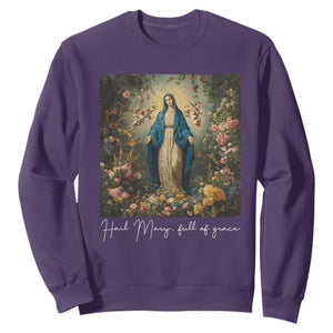 Marian Catholic Sweatshirt Hail Mary Full Of Grace Blessed Virgin Mary Floral TS10 Purple Print Your Wear