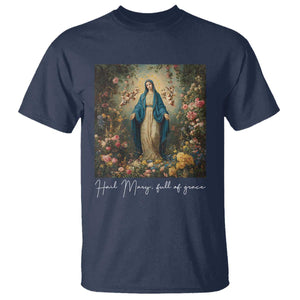 Marian Catholic T Shirt Hail Mary Full Of Grace Blessed Virgin Mary Floral TS10 Navy Print Your Wear