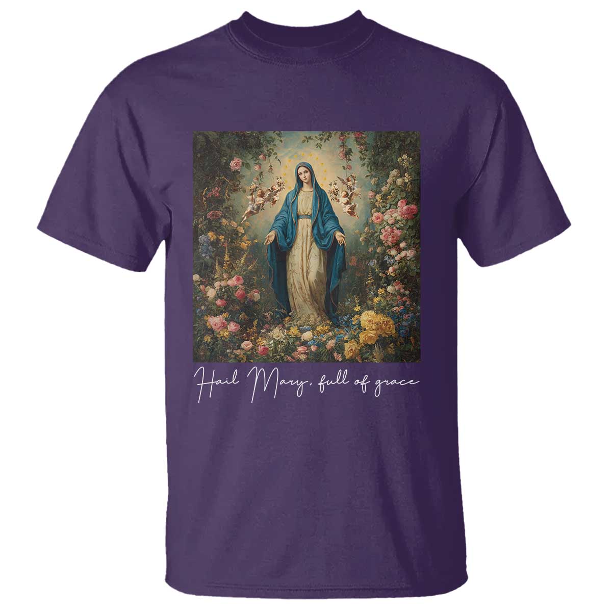 Marian Catholic T Shirt Hail Mary Full Of Grace Blessed Virgin Mary Floral TS10 Purple Print Your Wear