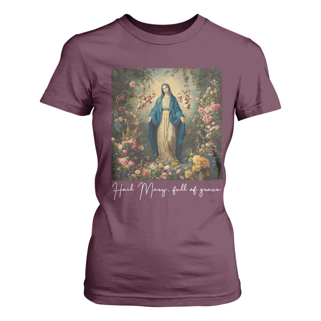 Marian Catholic T Shirt For Women Hail Mary Full Of Grace Blessed Virgin Mary Floral TS10 Maroon Print Your Wear