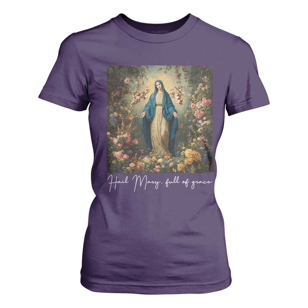 Marian Catholic T Shirt For Women Hail Mary Full Of Grace Blessed Virgin Mary Floral TS10 Purple Print Your Wear