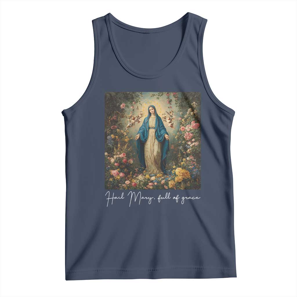 Marian Catholic Tank Top Hail Mary Full Of Grace Blessed Virgin Mary Floral TS10 Navy Print Your Wear
