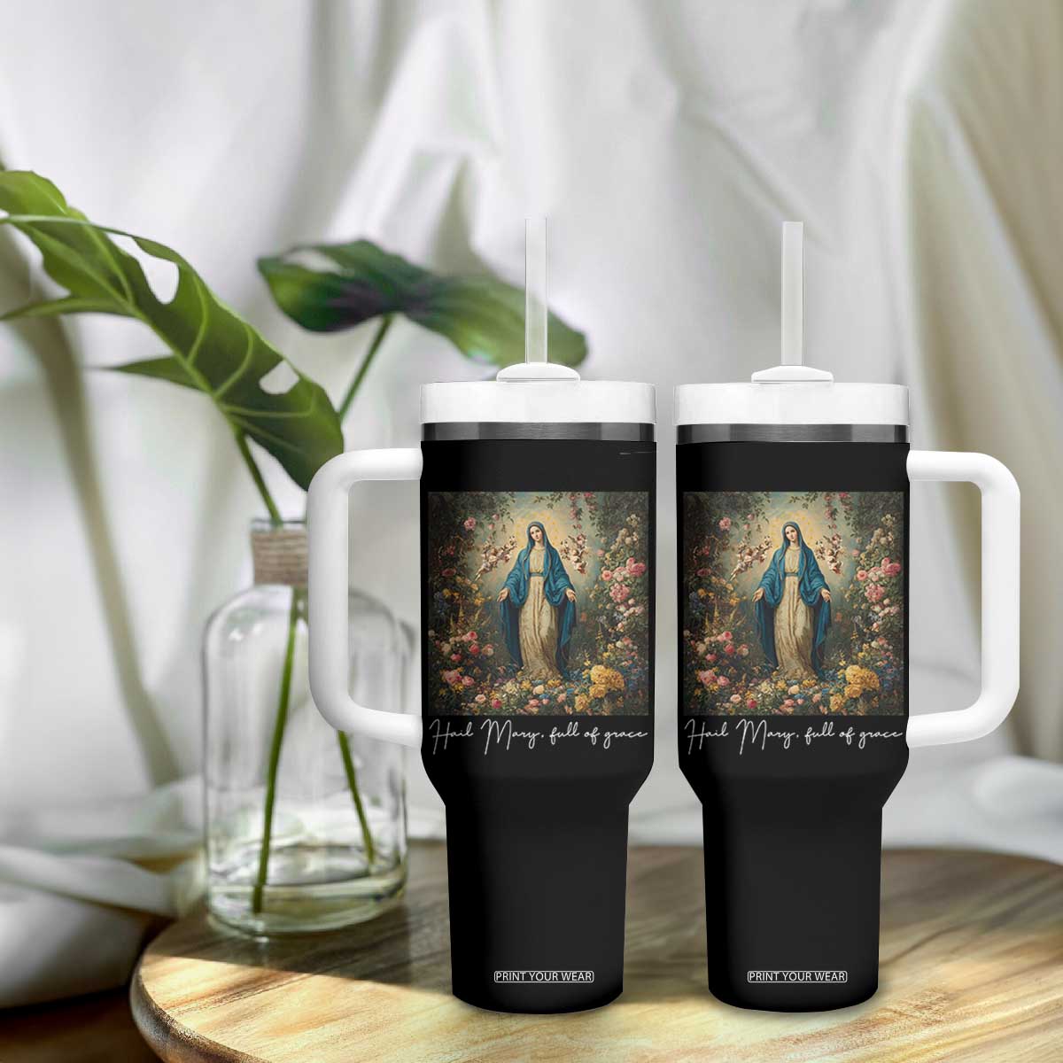 Marian Catholic Tumbler With Handle Hail Mary Full Of Grace Blessed Virgin Mary Floral TS10 Print Your Wear