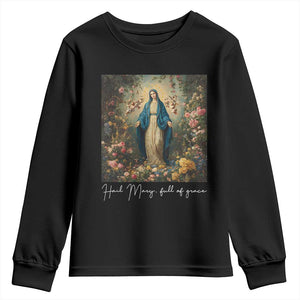 Marian Catholic Youth Sweatshirt Hail Mary Full Of Grace Blessed Virgin Mary Floral TS10 Black Print Your Wear