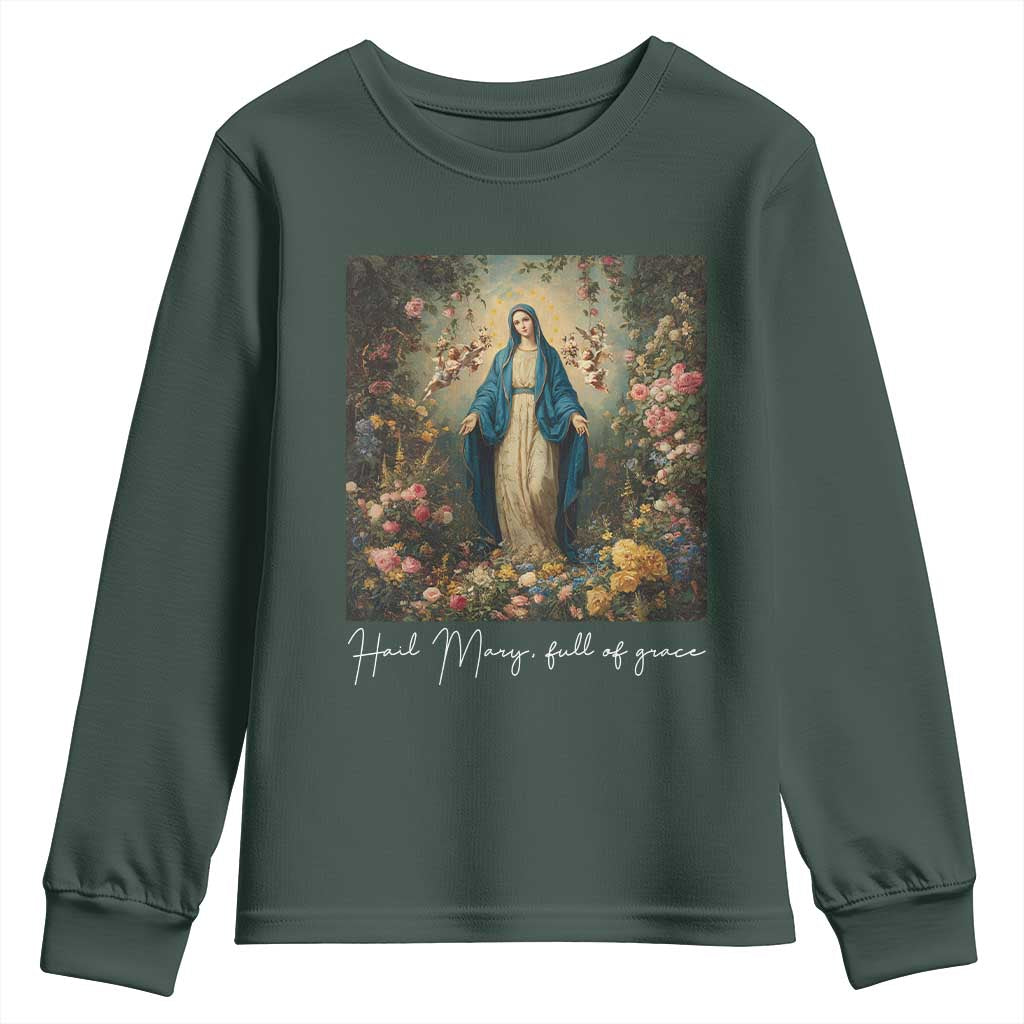 Marian Catholic Youth Sweatshirt Hail Mary Full Of Grace Blessed Virgin Mary Floral TS10 Dark Forest Green Print Your Wear